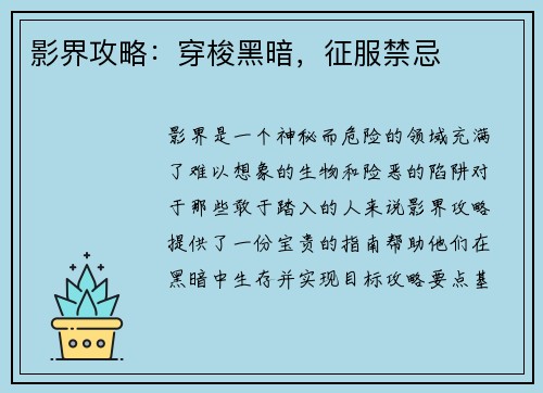 影界攻略：穿梭黑暗，征服禁忌